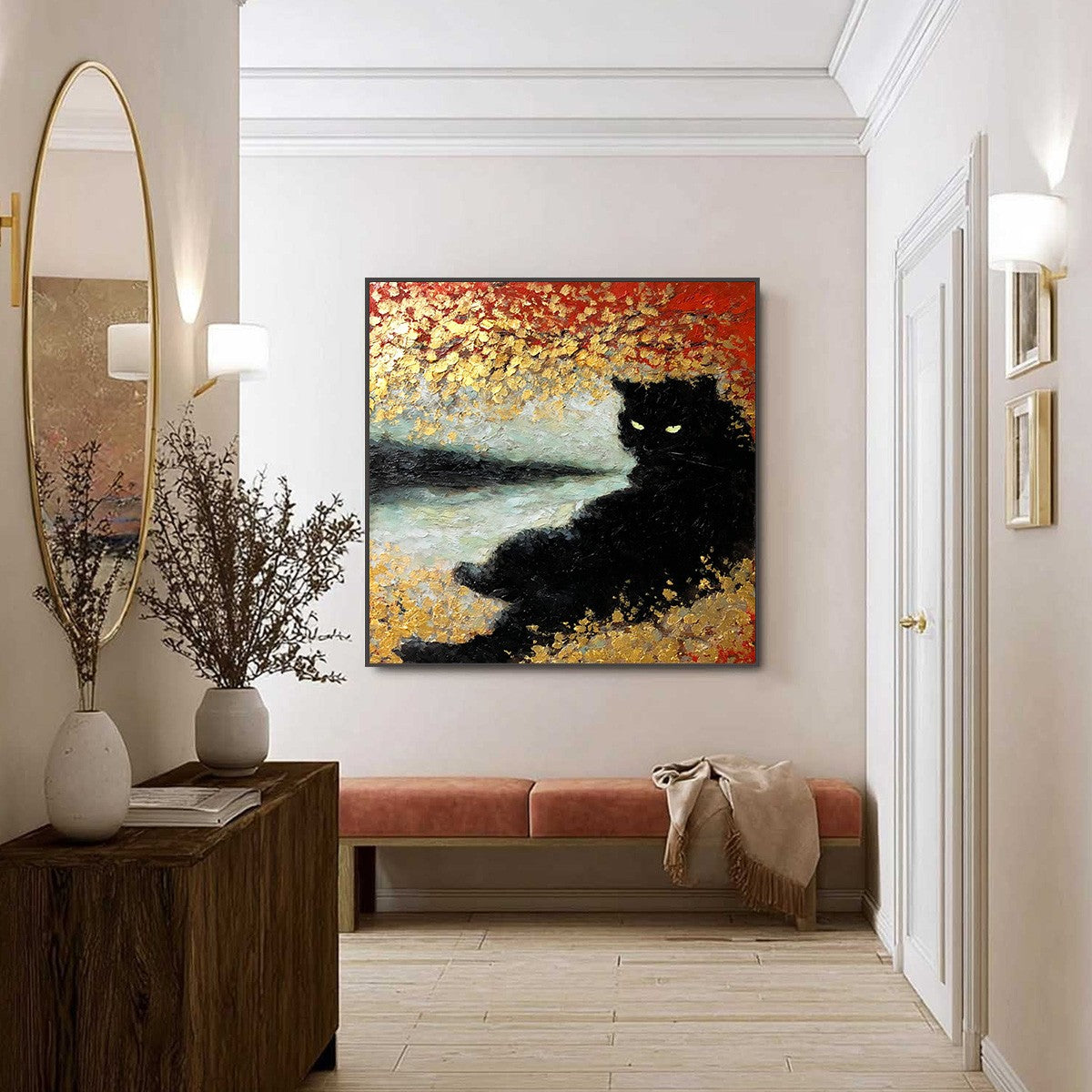 Gold and Black Cat Impasto Oil Painting – Golden Gaze