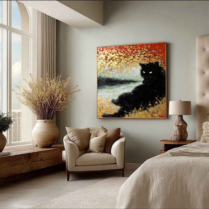 Gold and Black Cat Impasto Oil Painting – Golden Gaze