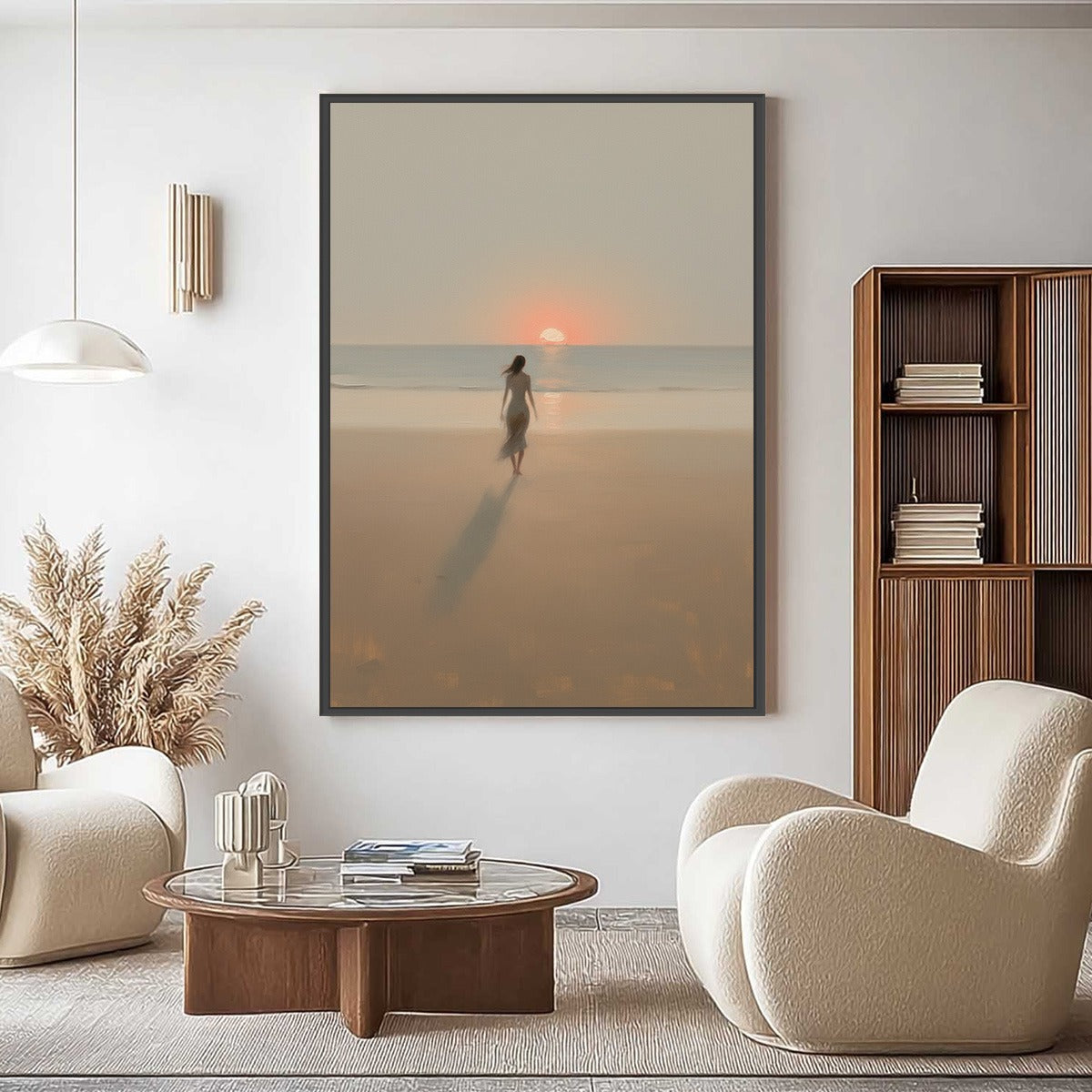 Golden Hour Solace hand-painted gold and ivory textured beach scene painting shown with silver frame