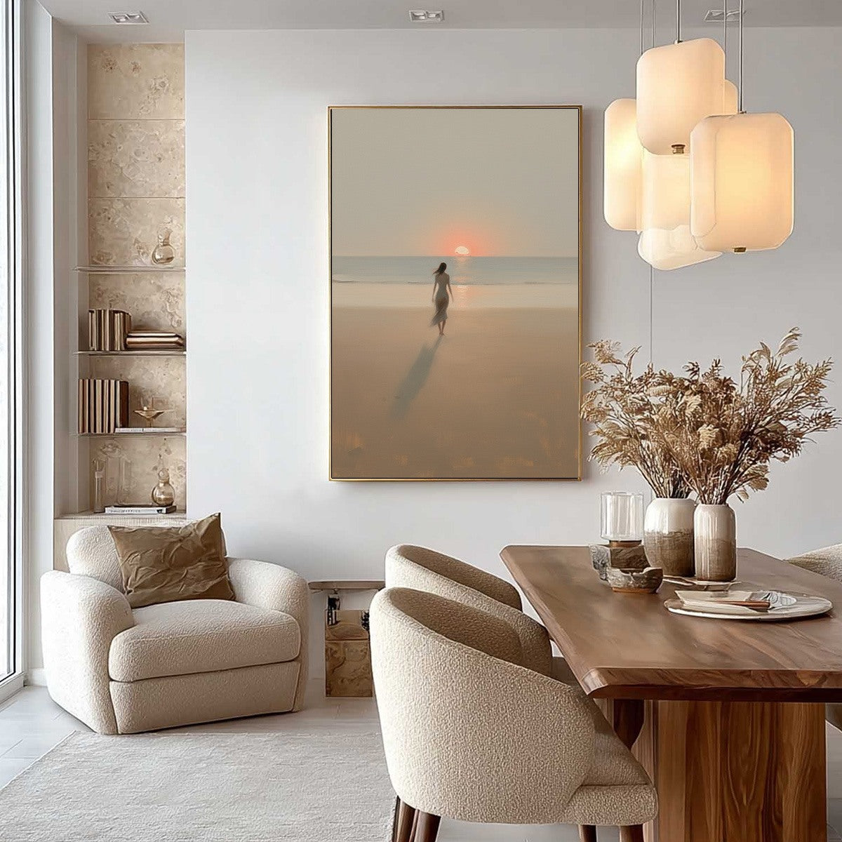 Golden Hour Solace hand-painted gold and ivory textured beach scene painting shown with black frame