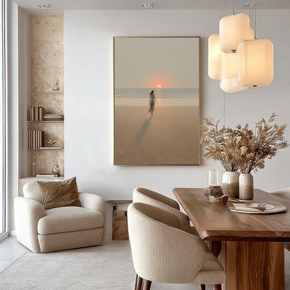 Golden Hour Solace hand-painted gold and ivory textured beach scene painting shown with black frame