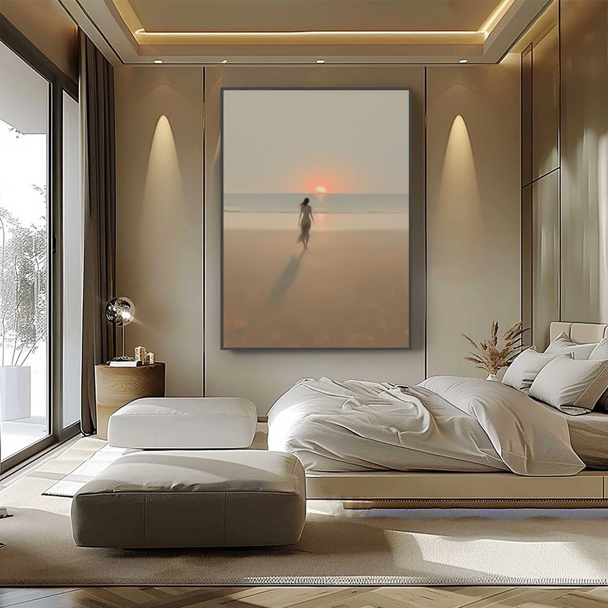 Golden Hour Solace hand-painted gold and ivory textured beach scene painting shown as stretched canvas
