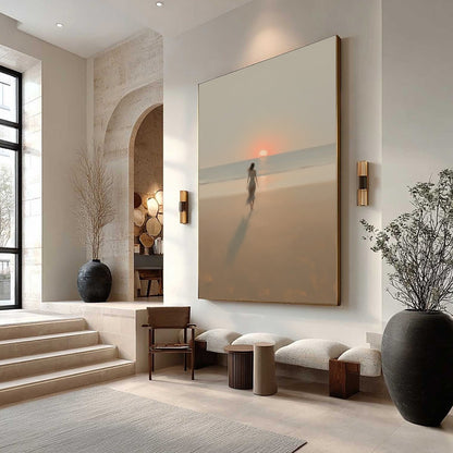 Golden Hour Solace hand-painted gold and ivory textured beach scene painting shown with wood frame