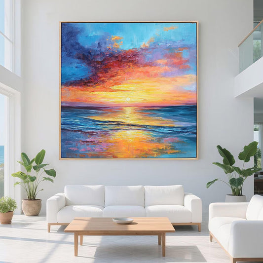 Golden Hour hand-painted gold, orange, pink and violet textured sunset seascape painting