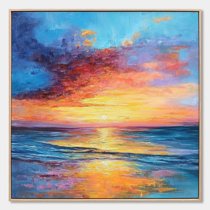 Golden Hour hand-painted gold, orange, pink and violet textured sunset seascape painting