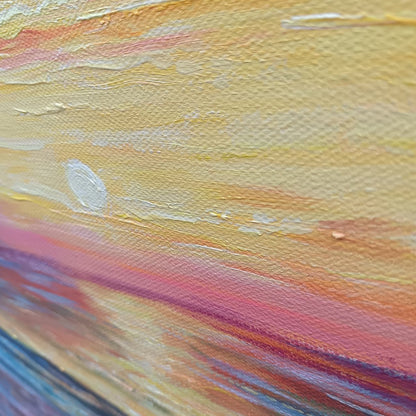 Golden Hour hand-painted gold, orange, pink and violet textured sunset seascape painting
