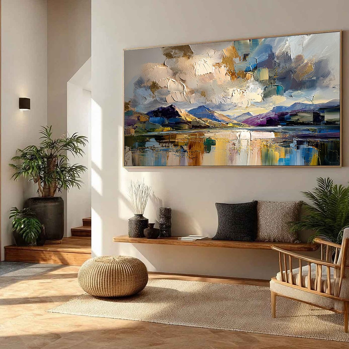 Golden Mirror hand-painted gold and ivory textured coastal landscape painting shown with black frame