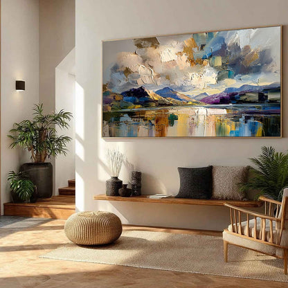 Golden Mirror hand-painted gold and ivory textured coastal landscape painting shown with black frame