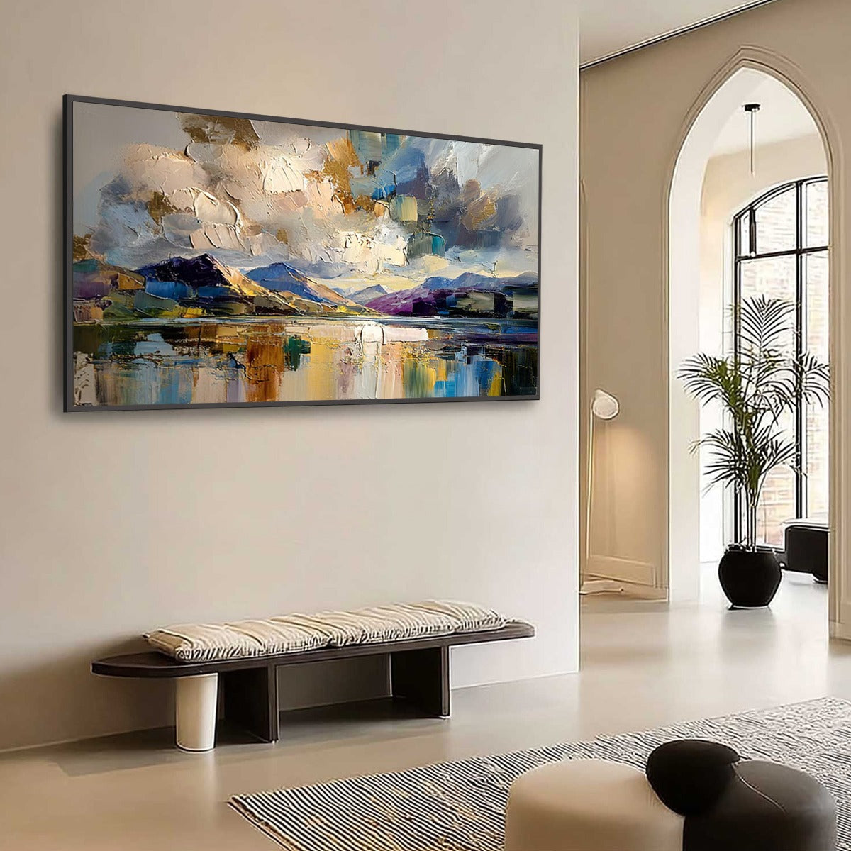 Golden Mirror hand-painted gold and ivory textured coastal landscape painting shown with wood frame
