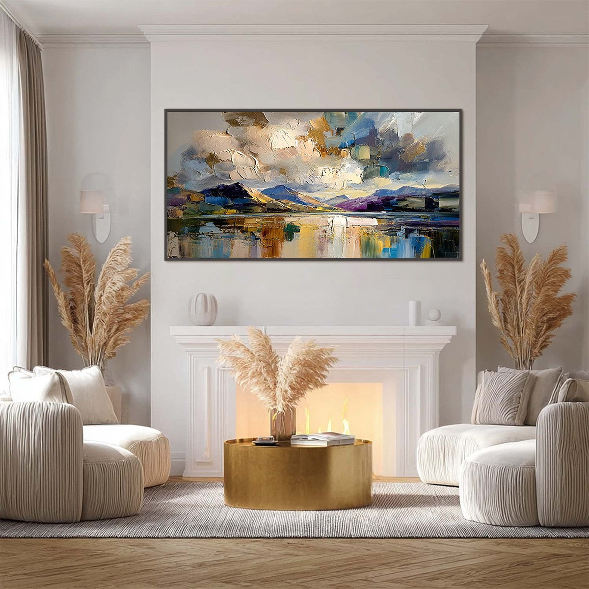 Golden Mirror hand-painted gold and ivory textured coastal landscape painting shown as stretched canvas