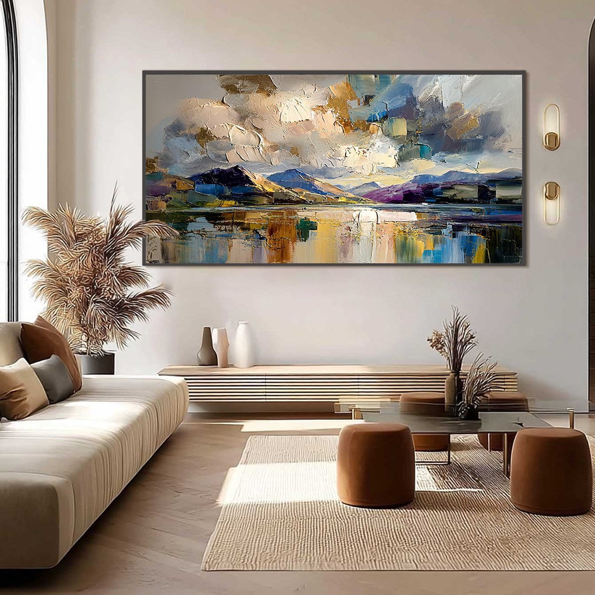 Golden Mirror hand-painted gold and ivory textured coastal landscape painting shown with silver frame