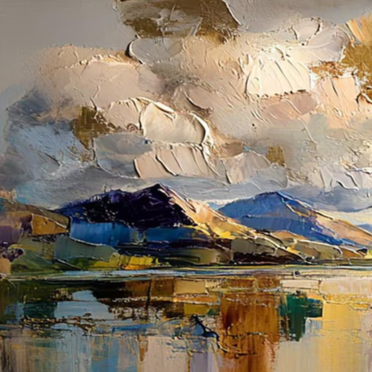 Golden Mirror hand-painted gold and ivory textured coastal landscape painting shown with white frame