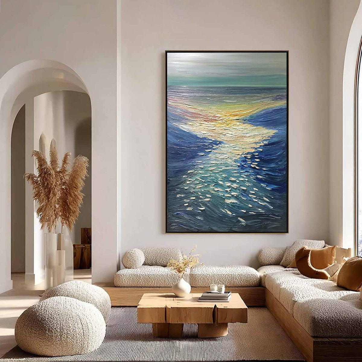 Golden Reflection hand-painted gold and ivory textured sunset seascape painting shown with silver frame