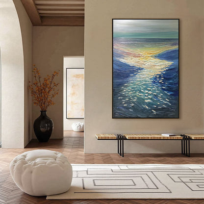 Golden Reflection hand-painted gold and ivory textured sunset seascape painting shown with black frame