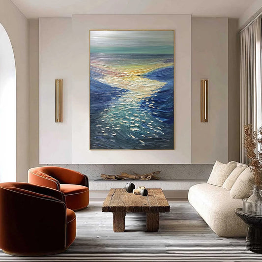 Golden Reflection hand-painted gold and ivory textured sunset seascape painting shown as stretched canvas