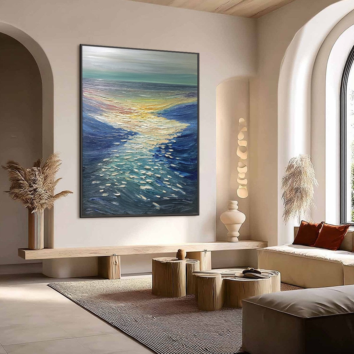 Golden Reflection hand-painted gold and ivory textured sunset seascape painting shown with wood frame