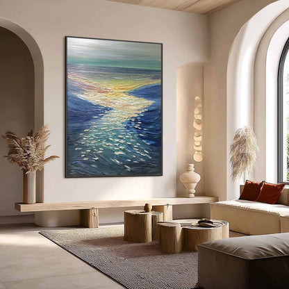 Golden Reflection hand-painted gold and ivory textured sunset seascape painting shown with wood frame