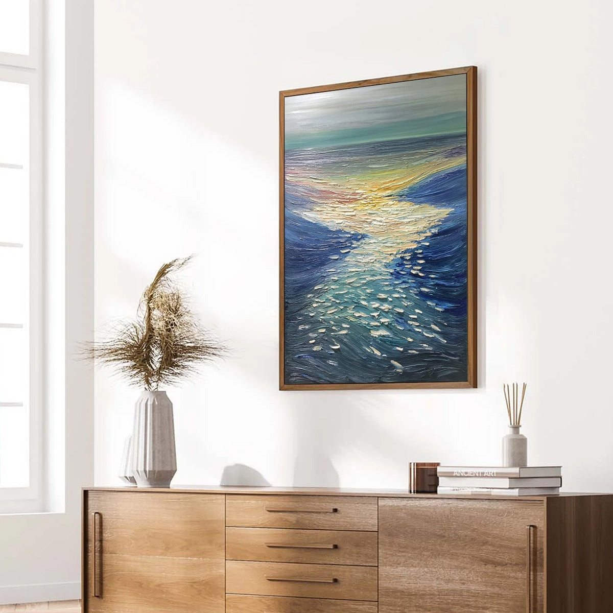 Golden Reflection hand-painted gold and ivory textured sunset seascape painting rolled canvas option