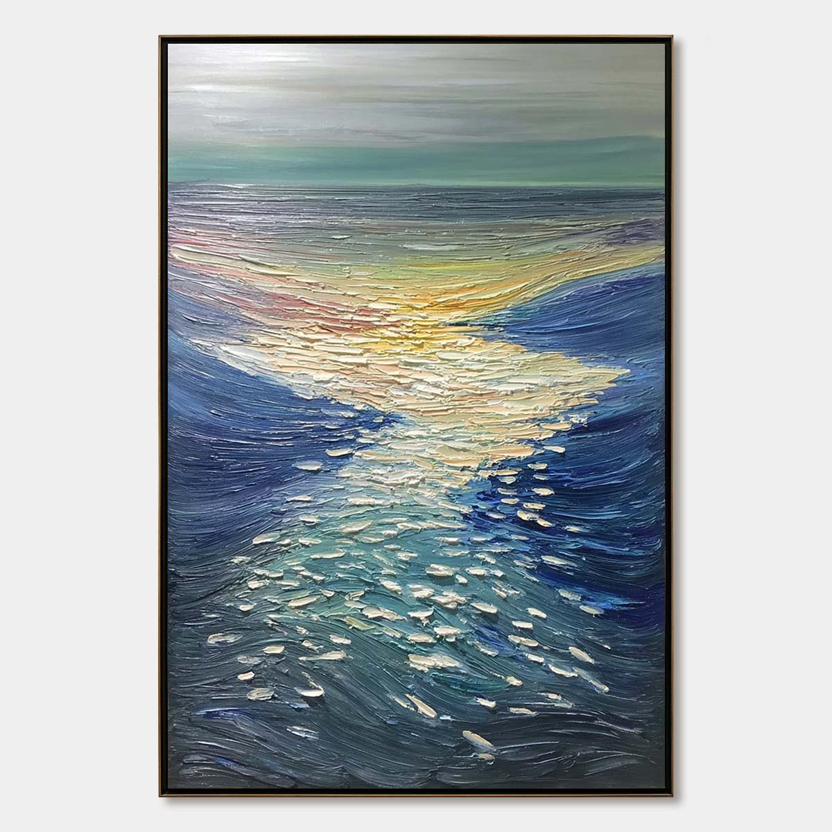 Golden Reflection hand-painted gold and ivory textured sunset seascape painting rolled canvas option