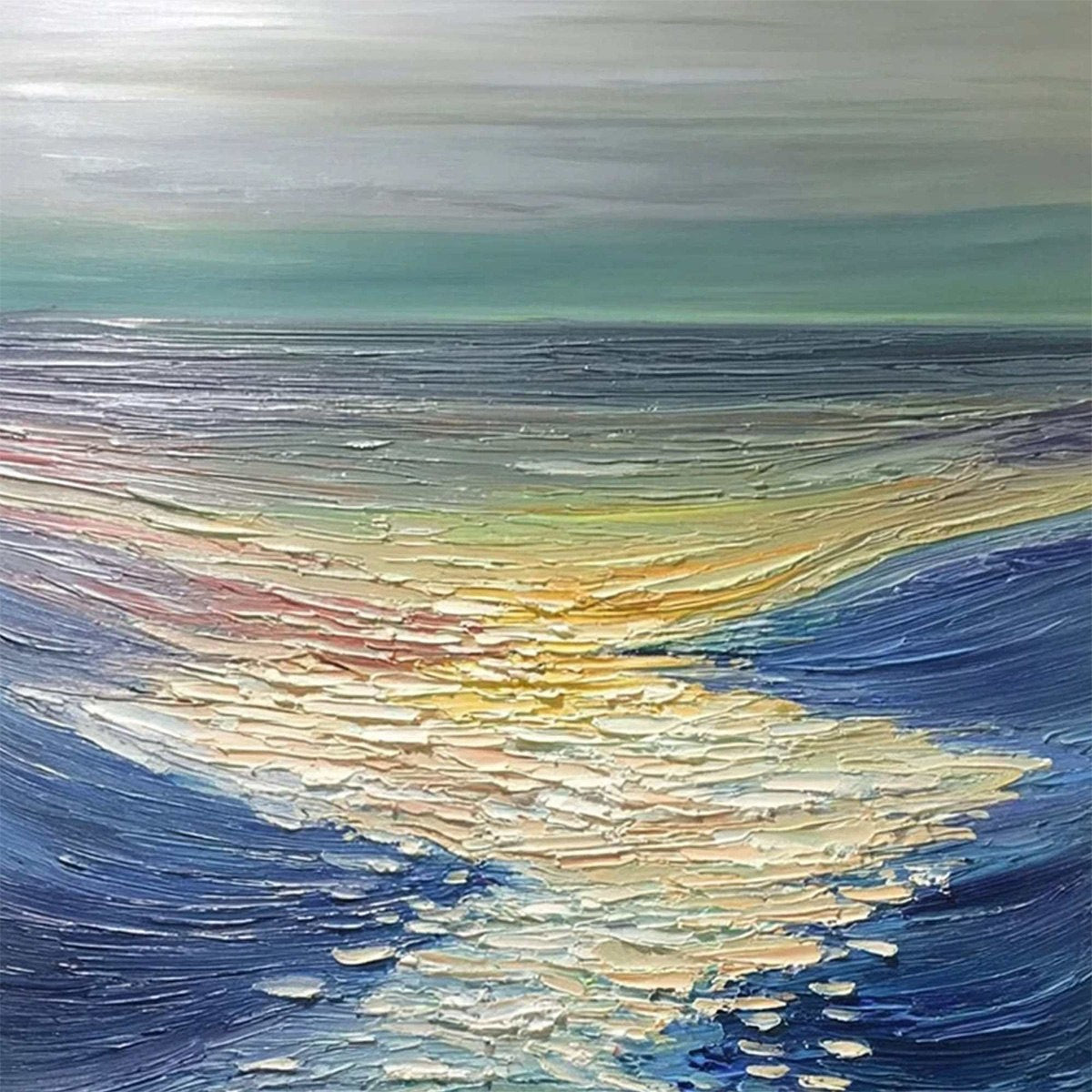 Golden Reflection hand-painted gold and ivory textured sunset seascape painting shown with white frame