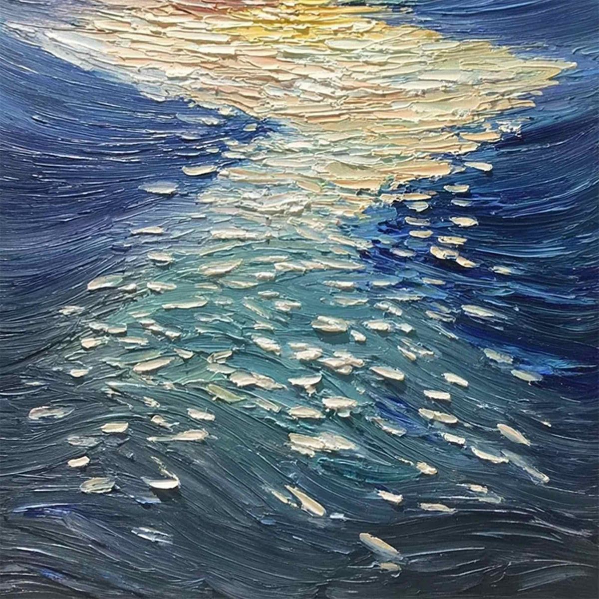 Golden Reflection hand-painted gold and ivory textured sunset seascape painting shown with gold frame