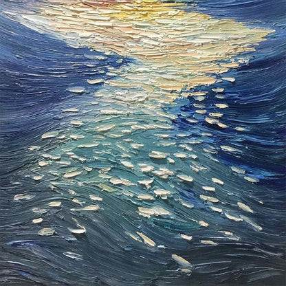 Golden Reflection hand-painted gold and ivory textured sunset seascape painting shown with gold frame