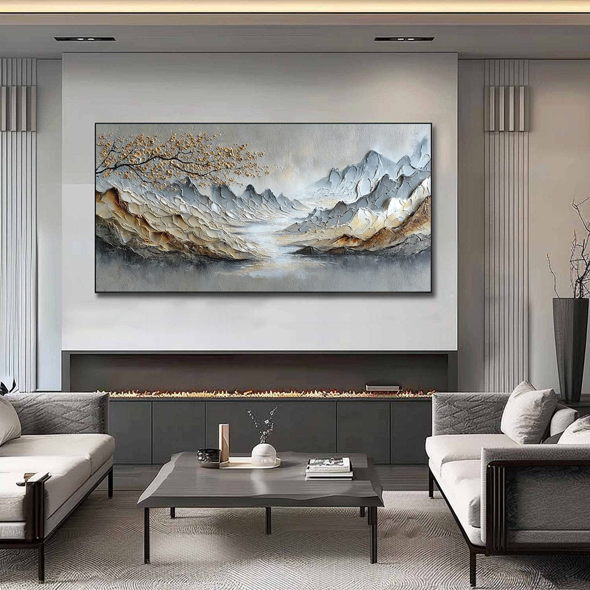 Golden Serenity hand-painted gold and ivory textured mountain river landscape painting shown as stretched canvas