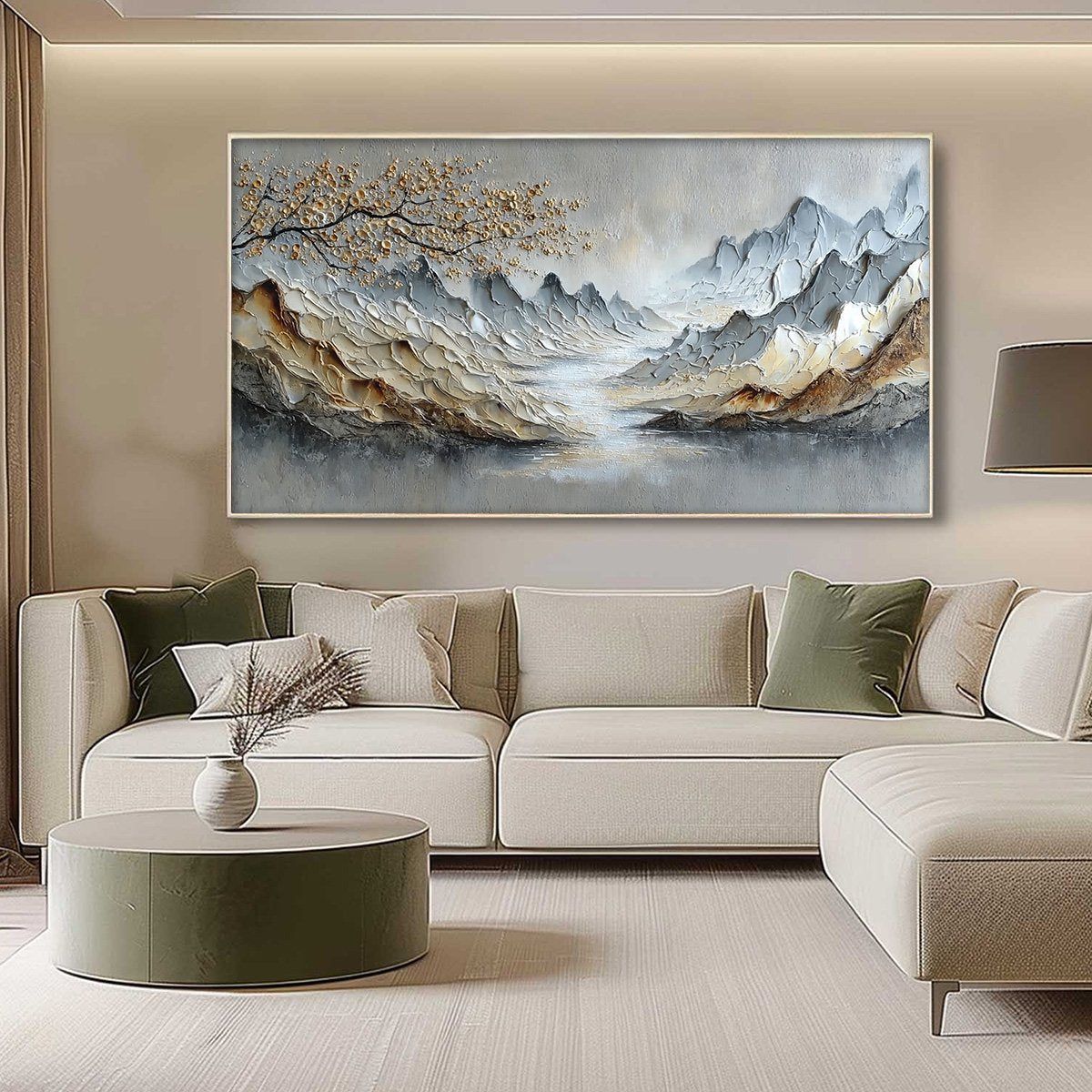 Golden Serenity hand-painted gold and ivory textured mountain river landscape painting shown with silver frame