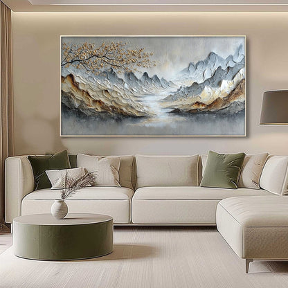 Golden Serenity hand-painted gold and ivory textured mountain river landscape painting shown with silver frame