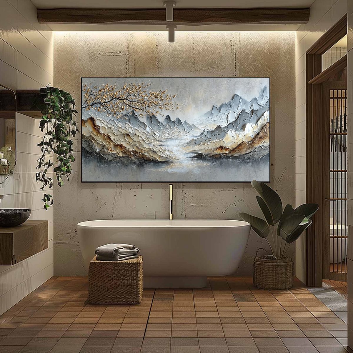 Golden Serenity hand-painted gold and ivory textured mountain river landscape painting shown with black frame
