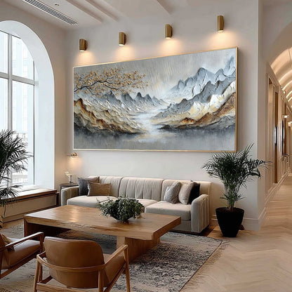 Golden Serenity hand-painted gold and ivory textured mountain river landscape painting shown with wood frame