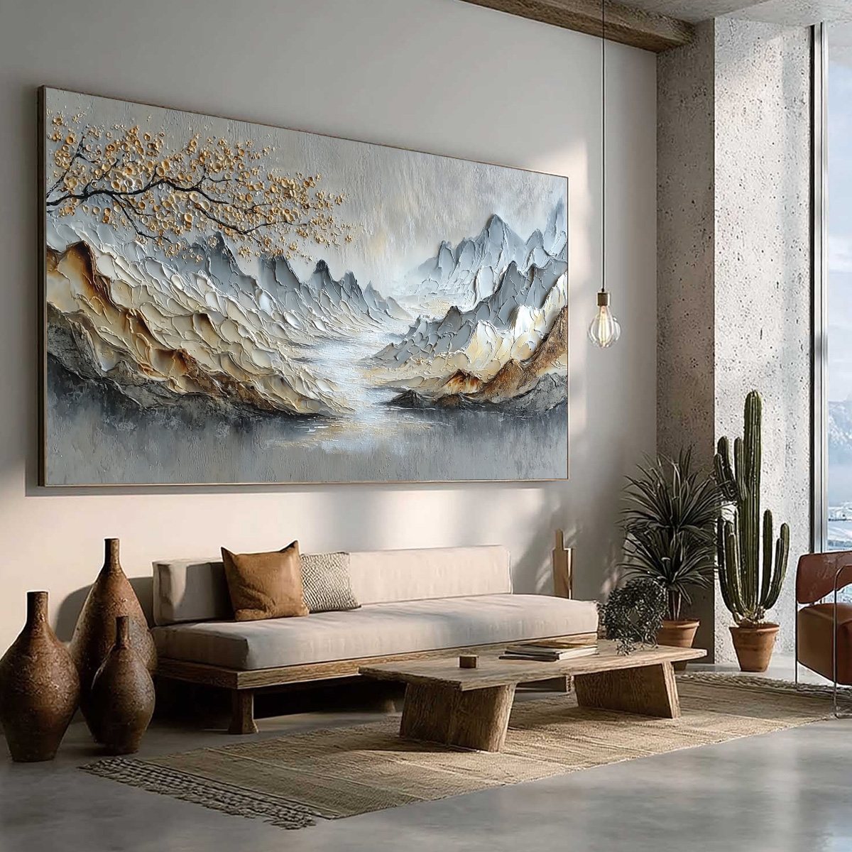 Golden Serenity hand-painted gold and ivory textured mountain river landscape painting rolled canvas option