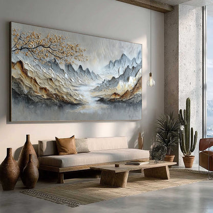 Golden Serenity hand-painted gold and ivory textured mountain river landscape painting rolled canvas option