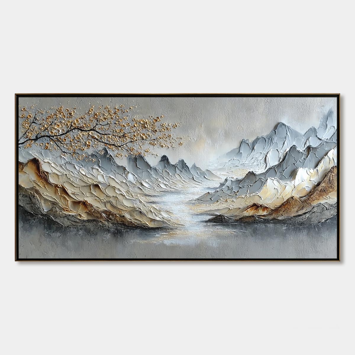 Golden Serenity hand-painted gold and ivory textured mountain river landscape painting rolled canvas option