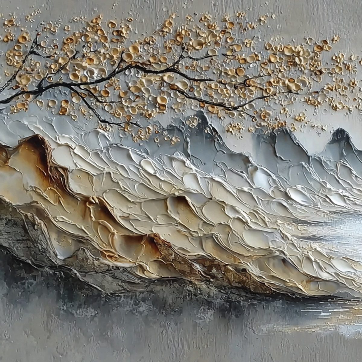 Golden Serenity hand-painted gold and ivory textured mountain river landscape painting shown with gold frame