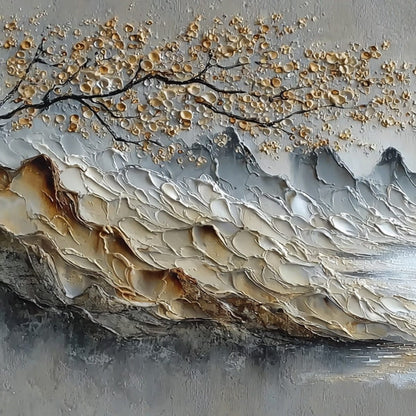 Golden Serenity hand-painted gold and ivory textured mountain river landscape painting shown with gold frame