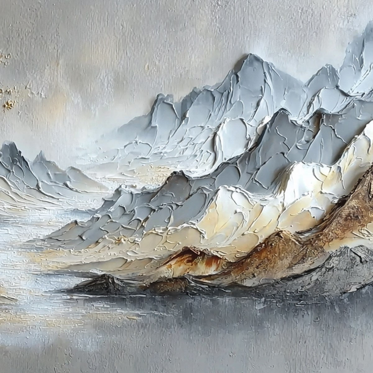 Golden Serenity hand-painted gold and ivory textured mountain river landscape painting shown with white frame