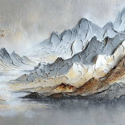 Golden Serenity hand-painted gold and ivory textured mountain river landscape painting shown with white frame
