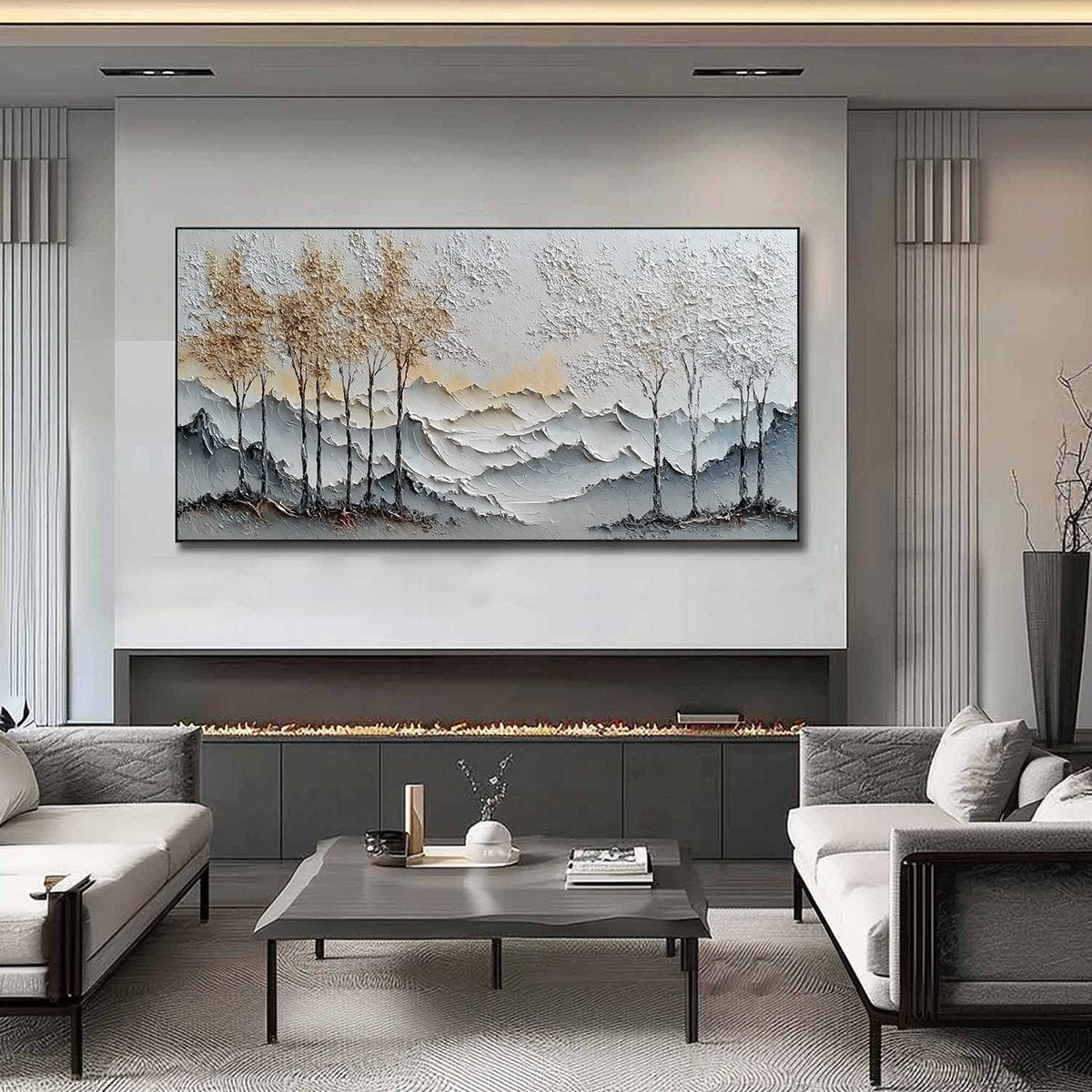Golden Silence hand-painted white, soft grey and gold textured abstract mountain painting shown as stretched canvas