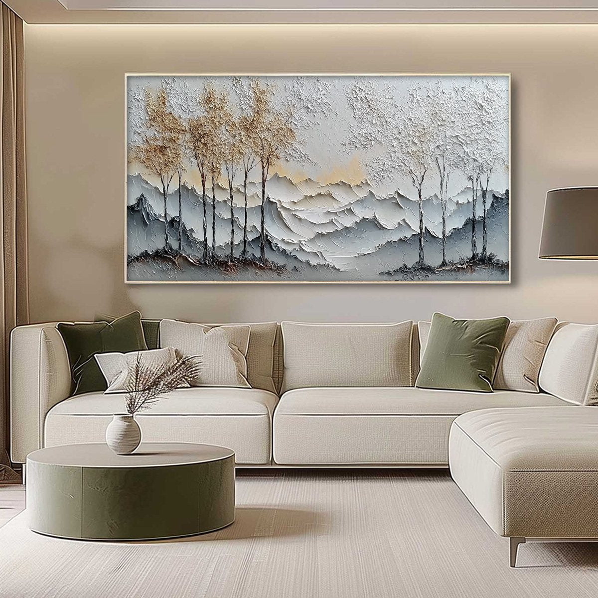 Golden Silence hand-painted white, soft grey and gold textured abstract mountain painting shown with silver frame
