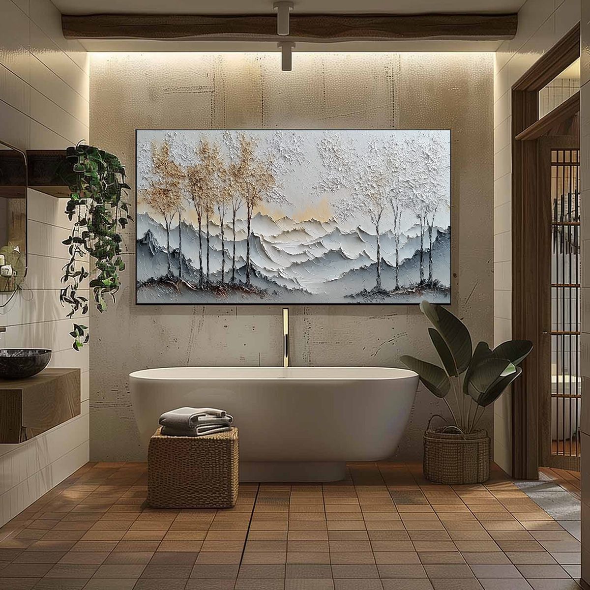 Golden Silence hand-painted white, soft grey and gold textured abstract mountain painting shown with black frame