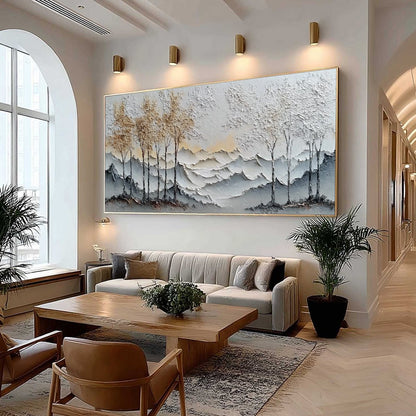 Golden Silence hand-painted white, soft grey and gold textured abstract mountain painting shown with wood frame