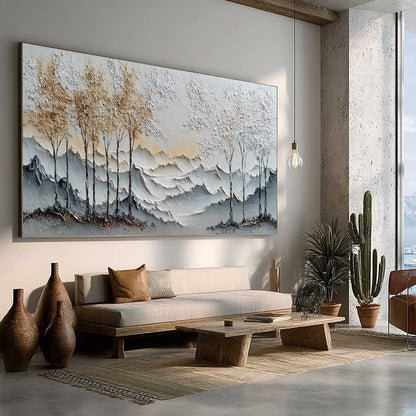 Golden Silence hand-painted white, soft grey and gold textured abstract mountain painting rolled canvas option