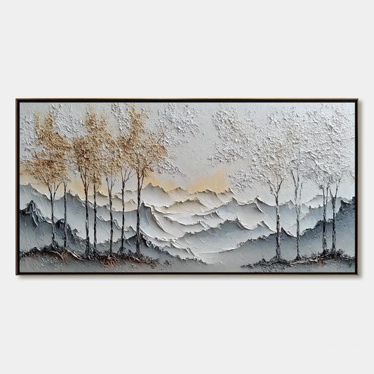 Golden Silence hand-painted white, soft grey and gold textured abstract mountain painting rolled canvas option