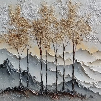 Golden Silence hand-painted white, soft grey and gold textured abstract mountain painting shown with gold frame