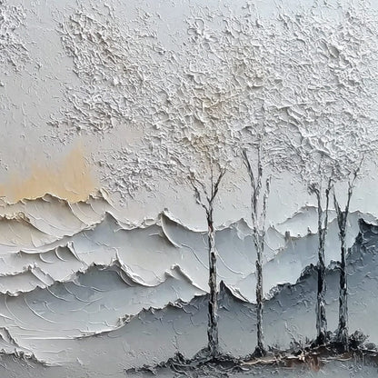 Golden Silence hand-painted white, soft grey and gold textured abstract mountain painting shown with white frame