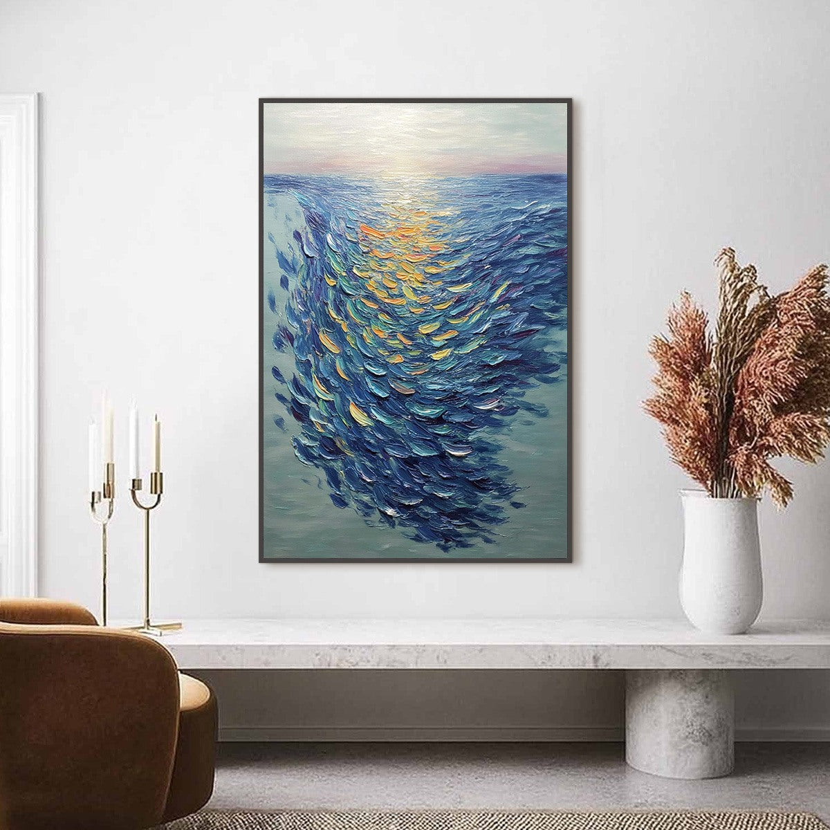 Golden Tide hand-painted gold and ivory textured school of fish painting shown as stretched canvas