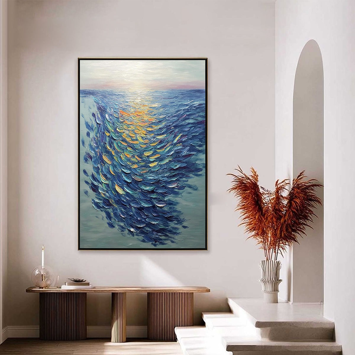 Golden Tide hand-painted gold and ivory textured school of fish painting shown with silver frame