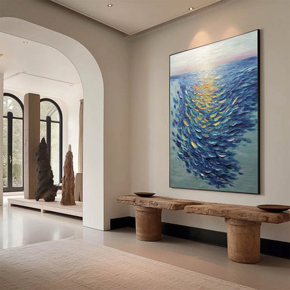 Golden Tide hand-painted gold and ivory textured school of fish painting shown with wood frame