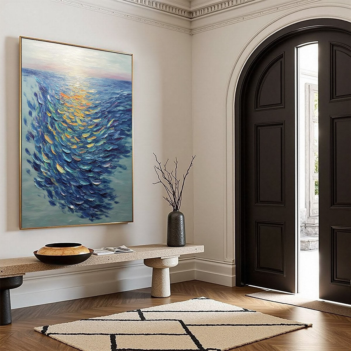 Golden Tide hand-painted gold and ivory textured school of fish painting rolled canvas option